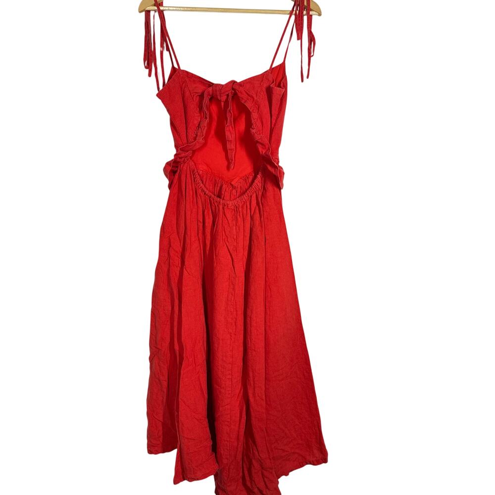 Eliza Faulkner Tessa Dress Linen Sleeveless Ruffle Open Back Midi A-Line Red S - Picture 4 of 9